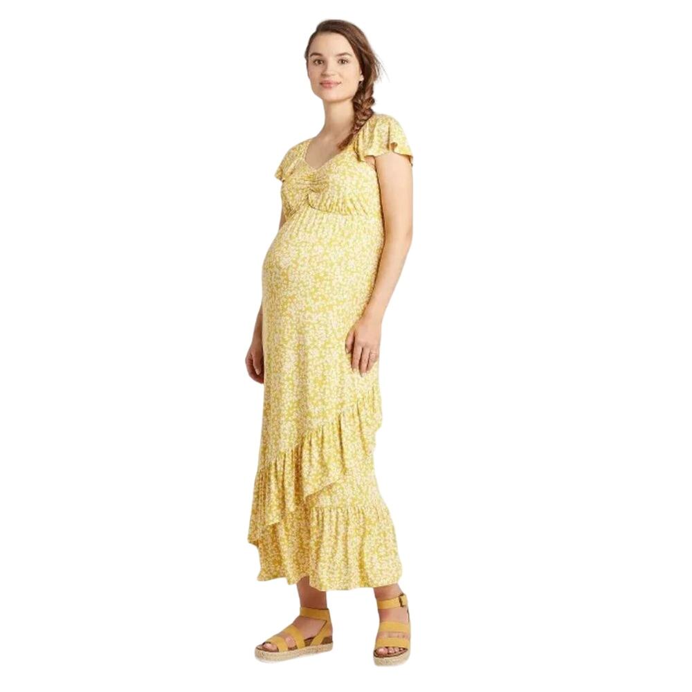 Isabel Yellow White Floral Print Flutter Sleeve Maxi Maternity Dress Medium